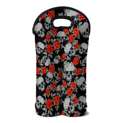 Red Rose Grey Skull Pattern Print Double Neoprene Wine Tote