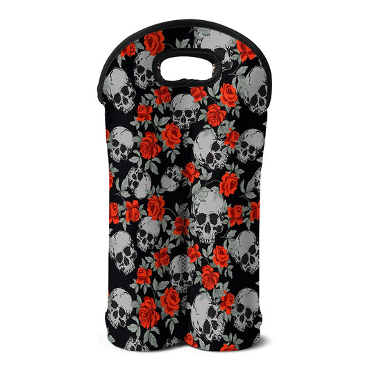 Red Rose Grey Skull Pattern Print Double Neoprene Wine Tote