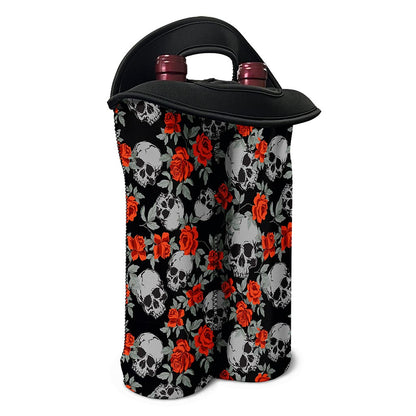 Red Rose Grey Skull Pattern Print Double Neoprene Wine Tote
