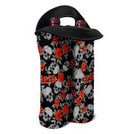 Red Rose Grey Skull Pattern Print Double Neoprene Wine Tote