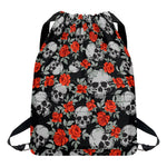 Red Rose Grey Skull Pattern Print Drawstring Backpack
