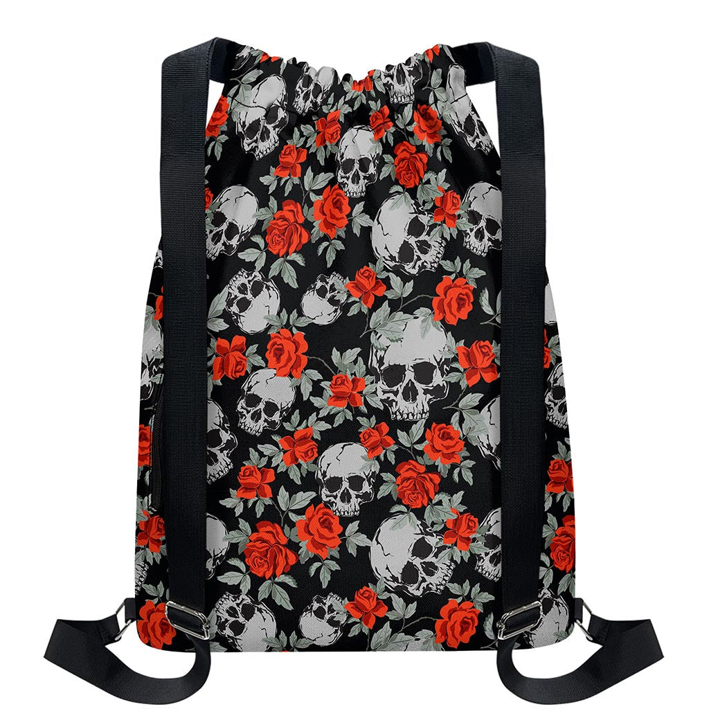 Red Rose Grey Skull Pattern Print Drawstring Backpack