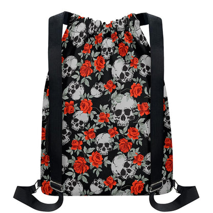 Red Rose Grey Skull Pattern Print Drawstring Backpack