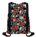 Red Rose Grey Skull Pattern Print Drawstring Backpack