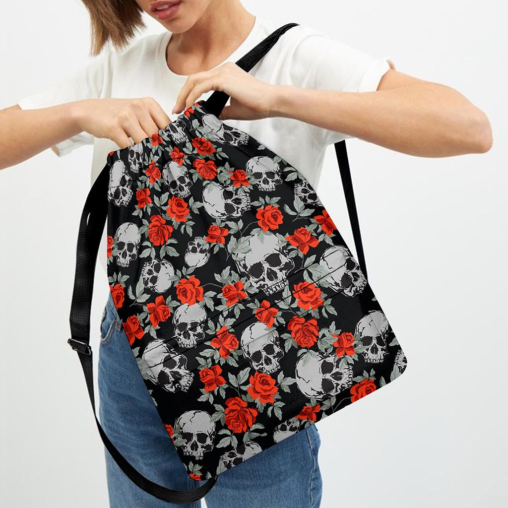 Red Rose Grey Skull Pattern Print Drawstring Backpack