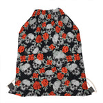 Red Rose Grey Skull Pattern Print Drawstring Bag