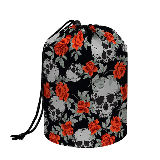 Red Rose Grey Skull Pattern Print Drawstring Makeup Bag