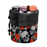 Red Rose Grey Skull Pattern Print Drawstring Makeup Bag