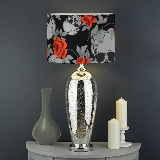 Red Rose Grey Skull Pattern Print Drum Lamp Shade