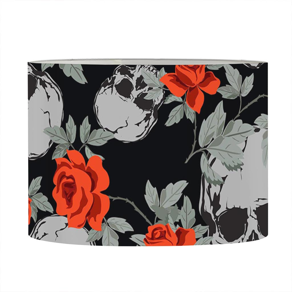 Red Rose Grey Skull Pattern Print Drum Lamp Shade