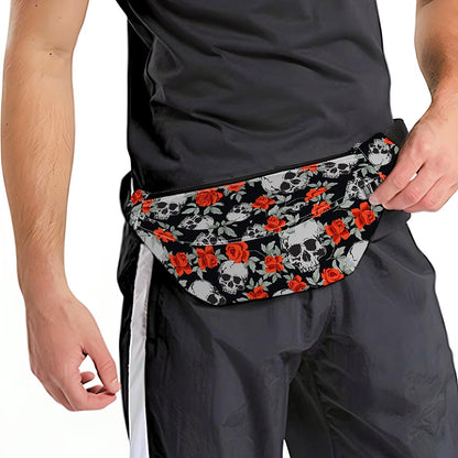 Red Rose Grey Skull Pattern Print Fanny Pack