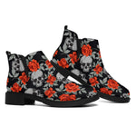 Red Rose Grey Skull Pattern Print Flat Ankle Boots