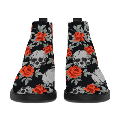 Red Rose Grey Skull Pattern Print Flat Ankle Boots