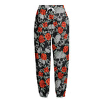 Red Rose Grey Skull Pattern Print Fleece Lined Knit Pants