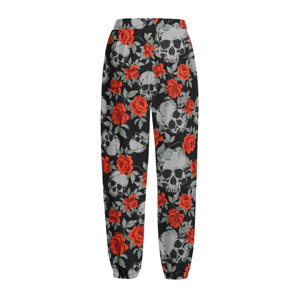 Red Rose Grey Skull Pattern Print Fleece Lined Knit Pants