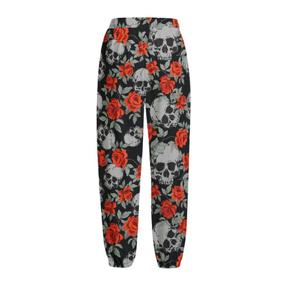 Red Rose Grey Skull Pattern Print Fleece Lined Knit Pants