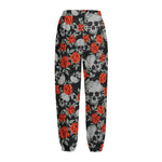 Red Rose Grey Skull Pattern Print Fleece Lined Knit Pants