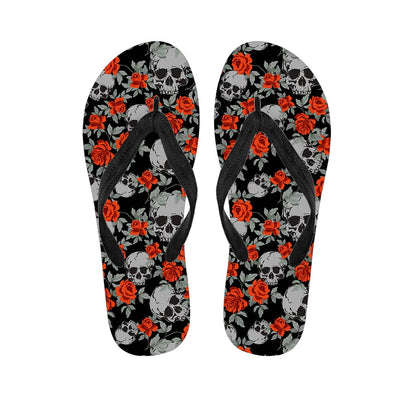 Red Rose Grey Skull Pattern Print Flip Flops