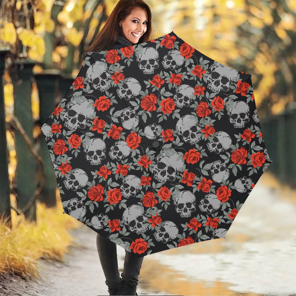 Red Rose Grey Skull Pattern Print Foldable Umbrella