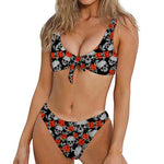 Red Rose Grey Skull Pattern Print Front Bow Tie Bikini