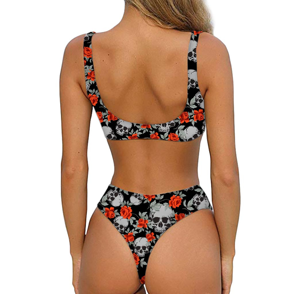 Red Rose Grey Skull Pattern Print Front Bow Tie Bikini