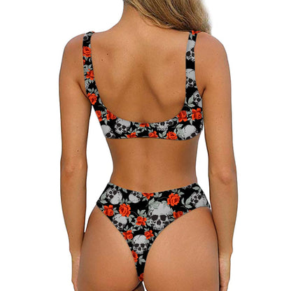 Red Rose Grey Skull Pattern Print Front Bow Tie Bikini
