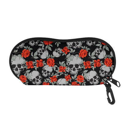 Red Rose Grey Skull Pattern Print Glasses Case