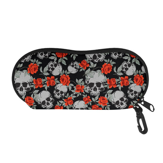 Red Rose Grey Skull Pattern Print Glasses Case