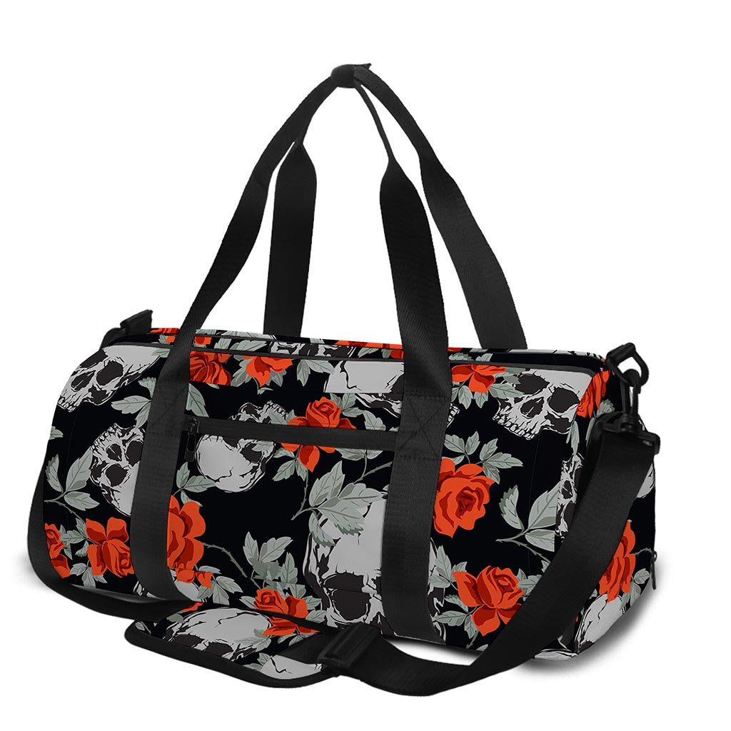 Red Rose Grey Skull Pattern Print Gym Bag