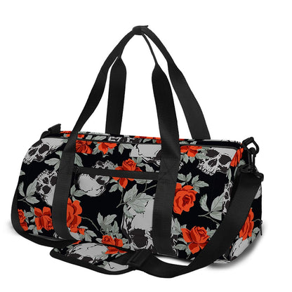 Red Rose Grey Skull Pattern Print Gym Bag