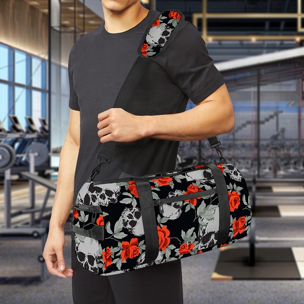 Red Rose Grey Skull Pattern Print Gym Bag