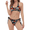 Red Rose Grey Skull Pattern Print Halter Scoop Tie Side Bikini