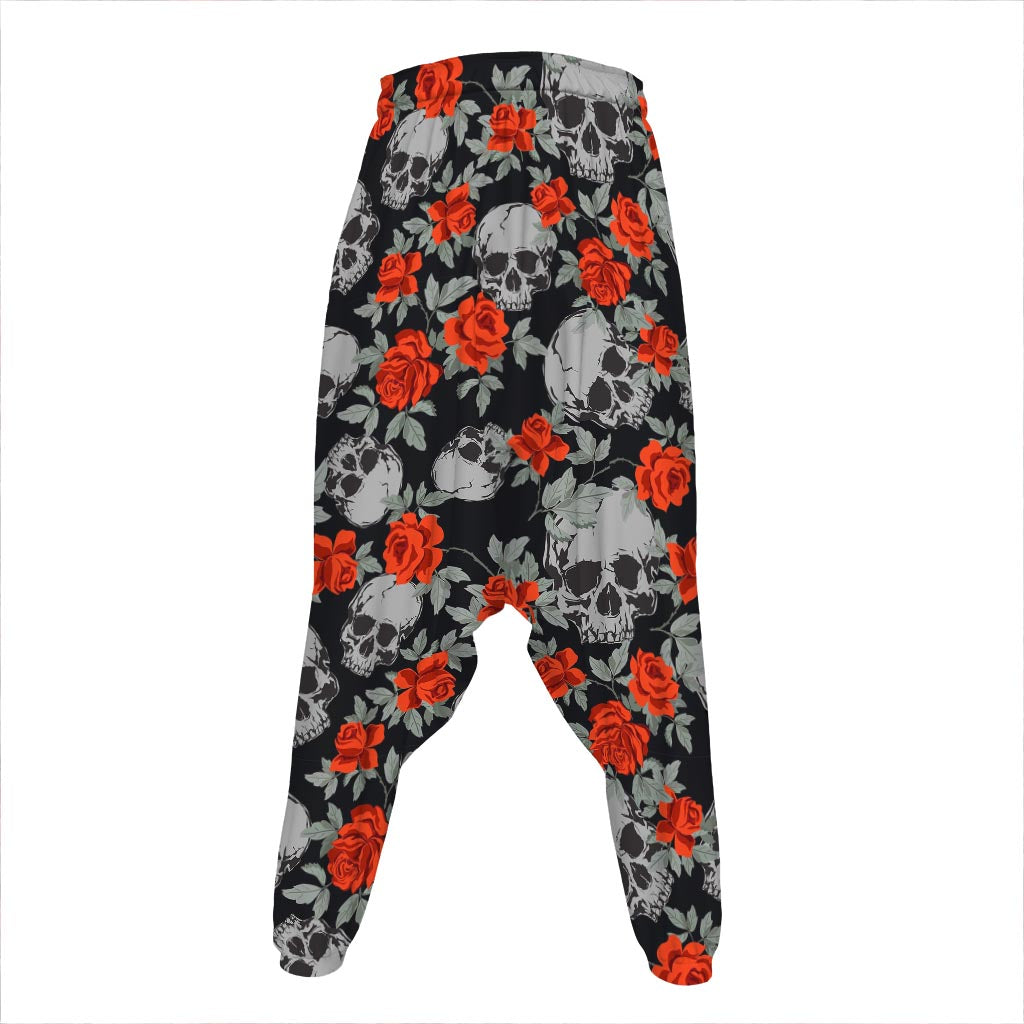 Red Rose Grey Skull Pattern Print Hammer Pants