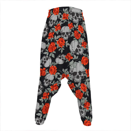 Red Rose Grey Skull Pattern Print Hammer Pants