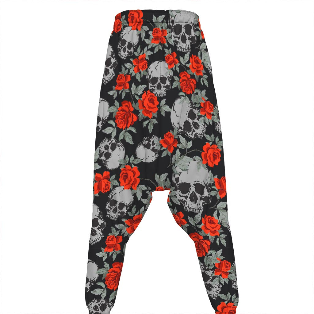 Red Rose Grey Skull Pattern Print Hammer Pants