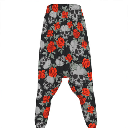 Red Rose Grey Skull Pattern Print Hammer Pants