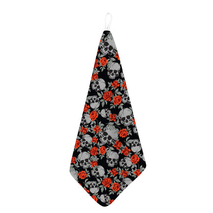 Red Rose Grey Skull Pattern Print Hand Towel