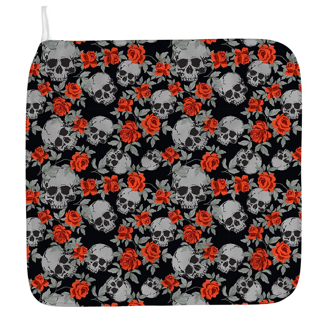 Red Rose Grey Skull Pattern Print Hand Towel