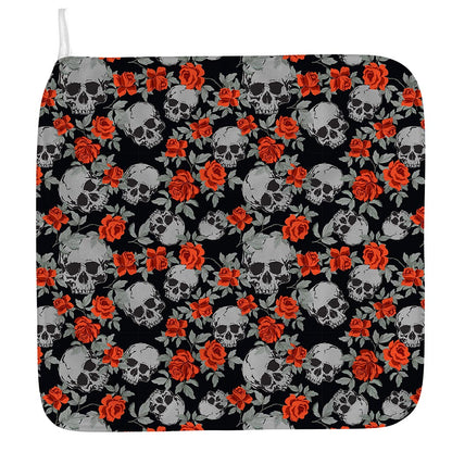 Red Rose Grey Skull Pattern Print Hand Towel