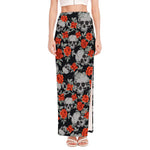 Red Rose Grey Skull Pattern Print High Slit Maxi Skirt