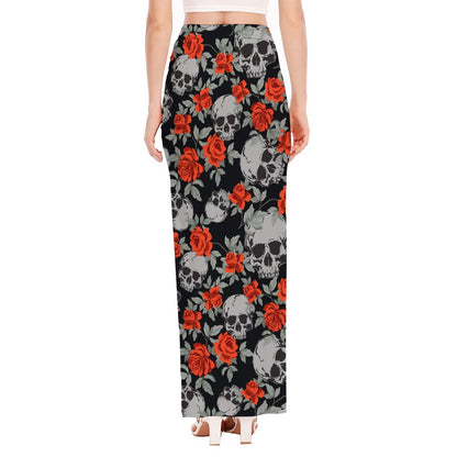 Red Rose Grey Skull Pattern Print High Slit Maxi Skirt