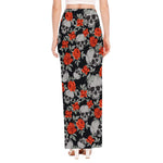 Red Rose Grey Skull Pattern Print High Slit Maxi Skirt