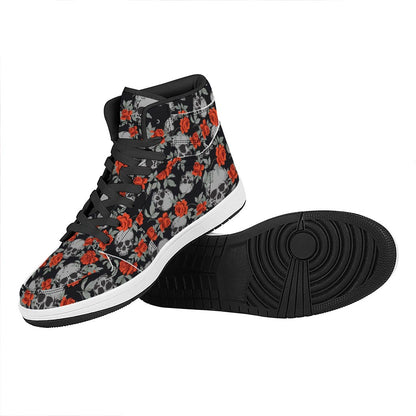 Red Rose Grey Skull Pattern Print High Top Leather Sneakers
