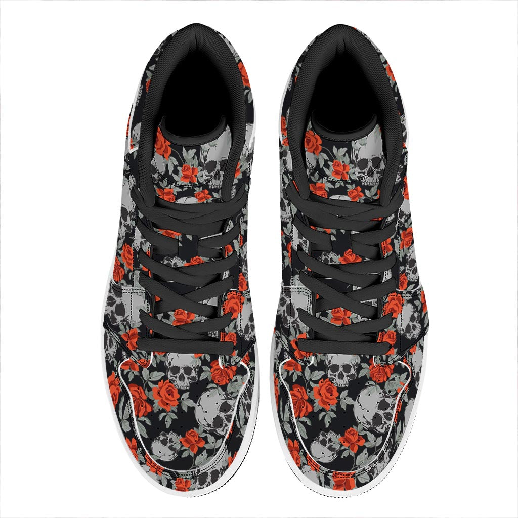 Red Rose Grey Skull Pattern Print High Top Leather Sneakers