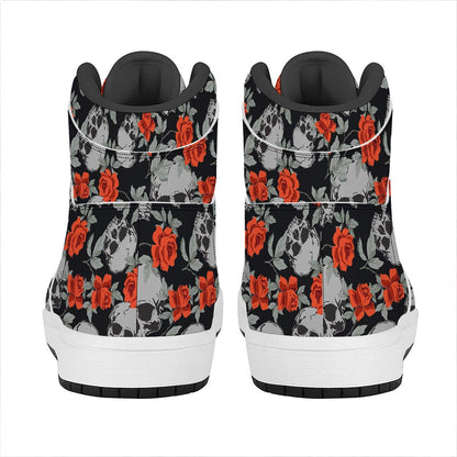 Red Rose Grey Skull Pattern Print High Top Leather Sneakers