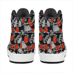 Red Rose Grey Skull Pattern Print High Top Leather Sneakers