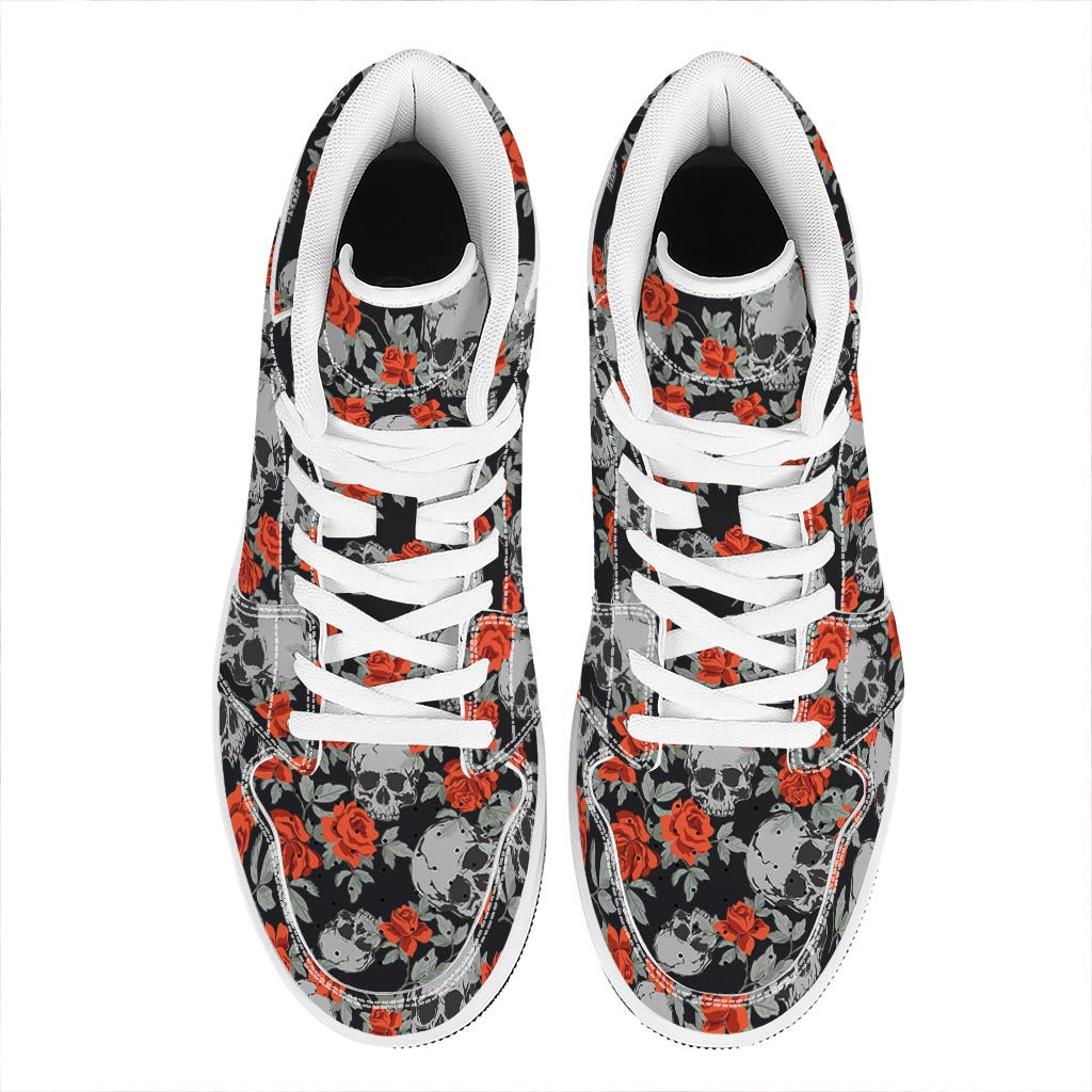 Red Rose Grey Skull Pattern Print High Top Leather Sneakers