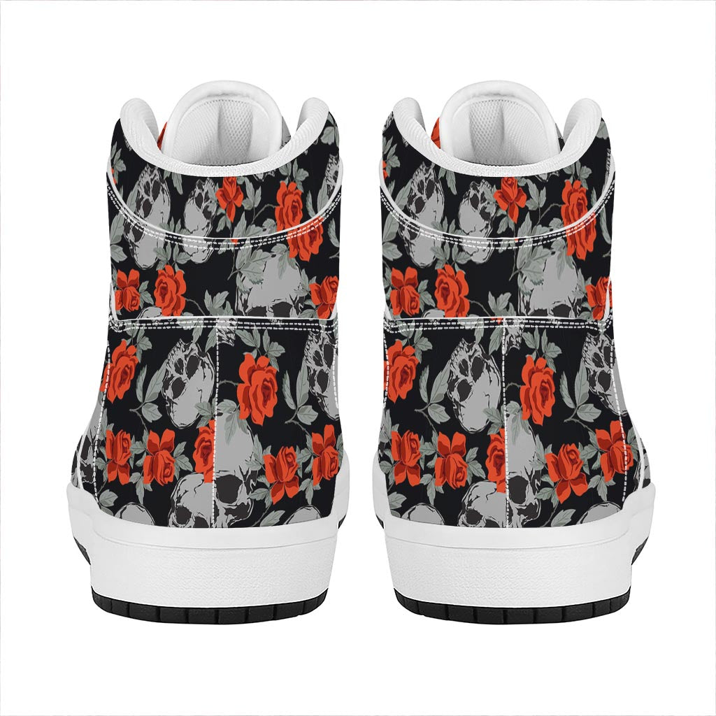 Red Rose Grey Skull Pattern Print High Top Leather Sneakers
