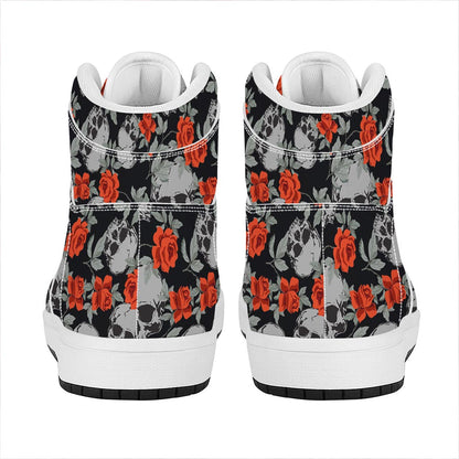 Red Rose Grey Skull Pattern Print High Top Leather Sneakers