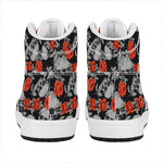 Red Rose Grey Skull Pattern Print High Top Leather Sneakers